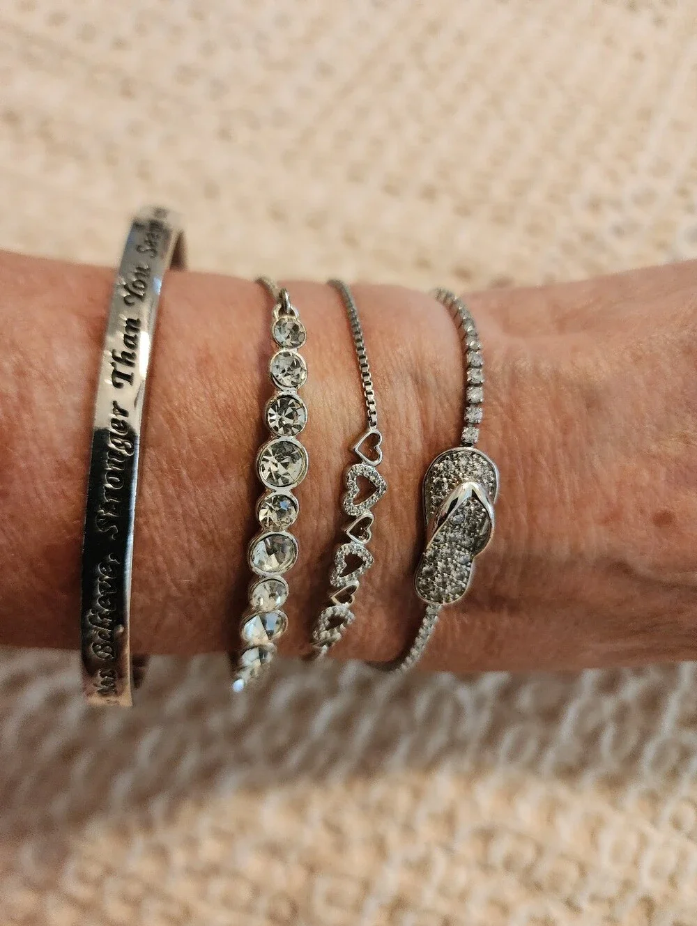 Lot Of 4 Silver-Tone Bracelets 3 Bolo Style 1 Inspirational Cuff Flipflop Bling